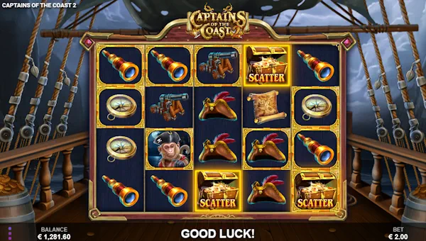 Captains of the Coast 2 base game screenshot showing reels and features