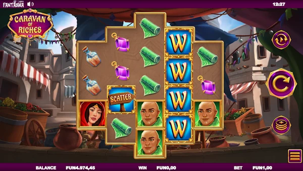 Caravan of Riches base game screenshot showing reels and features