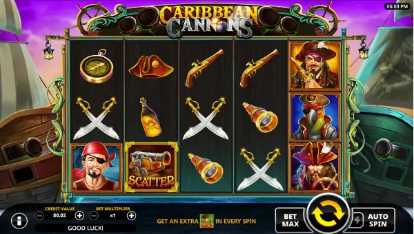 Caribbean Cannons base game screenshot showing reels and features