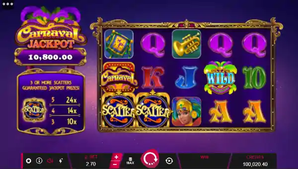 Carnaval Jackpot base game screenshot showing reels and features