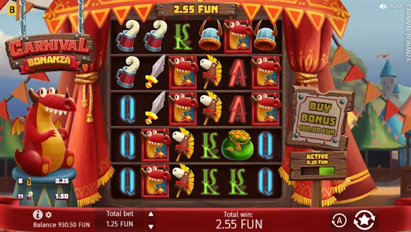 Carnival Bonanza base game screenshot showing reels and features