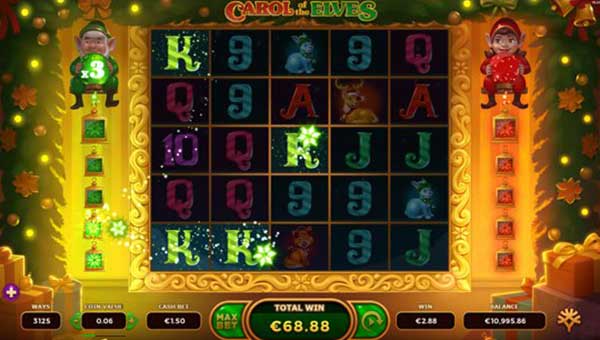 Carol of the Elves base game screenshot showing reels and features