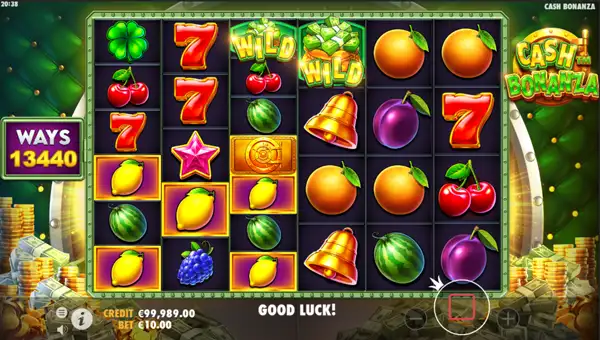 Cash Bonanza base game screenshot showing reels and features