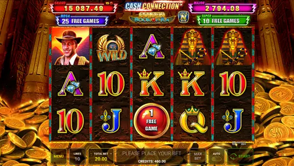 Cash Connection Golden Book Of Ra base game screenshot showing reels and features