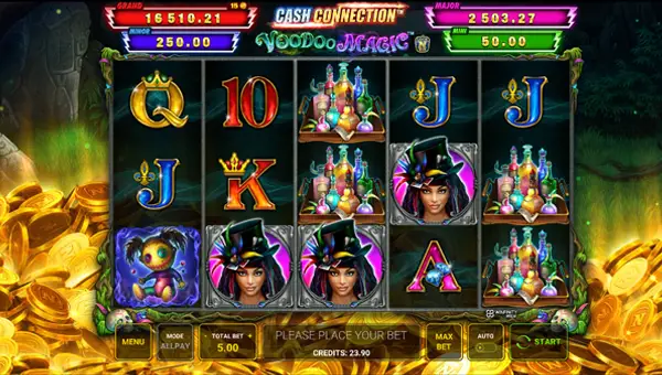Cash Connection Voodoo Magic base game screenshot showing reels and features