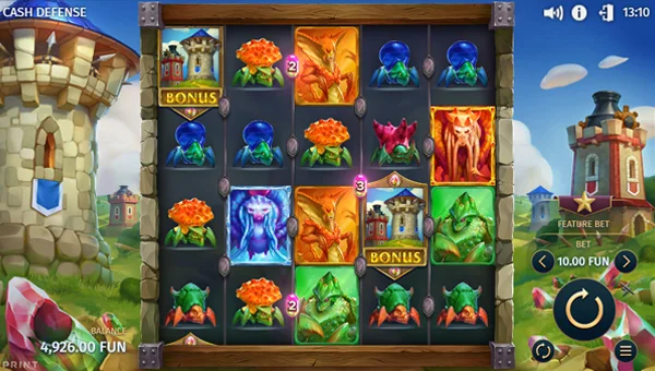 Cash Defense base game screenshot showing reels and features