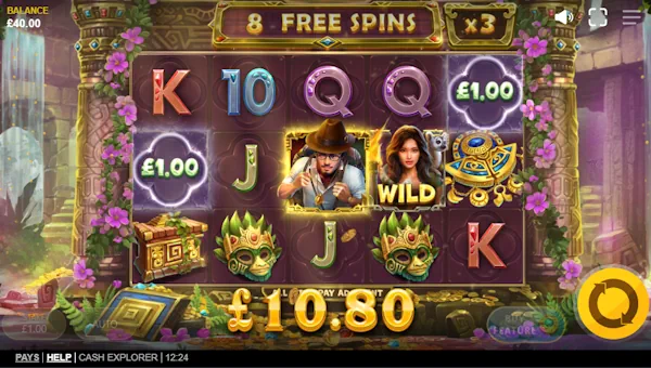Screenshot of Cash Explorer slot demo showing reels and bonus game features