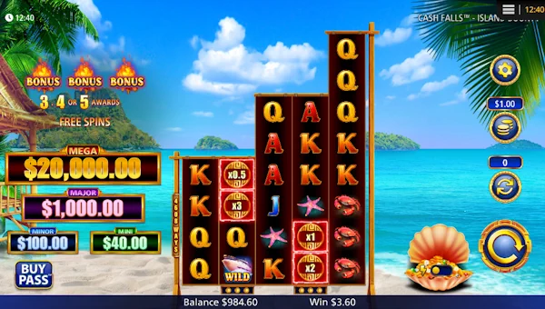 Cash Falls Island Bounty base game screenshot showing reels and features