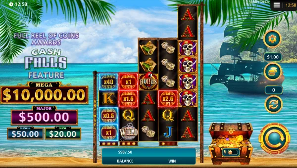 Cash Falls Pirates Trove base game screenshot showing reels and features