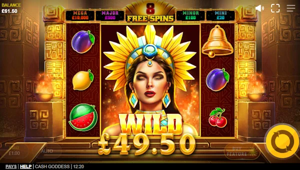 Screenshot of Cash Goddess slot demo showing reels and bonus game features