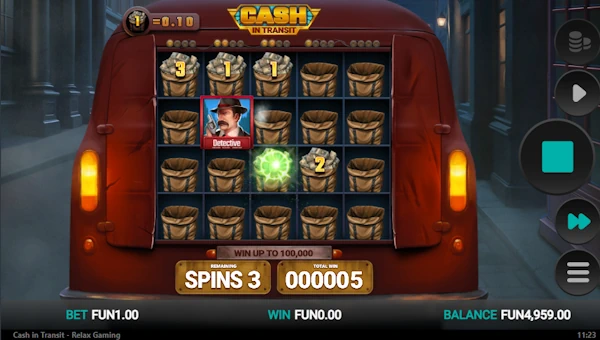 Screenshot of Cash in Transit slot demo showing reels and bonus game features