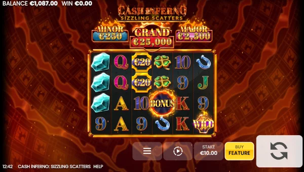 Cash Inferno Sizzling Scatters base game screenshot showing reels and features