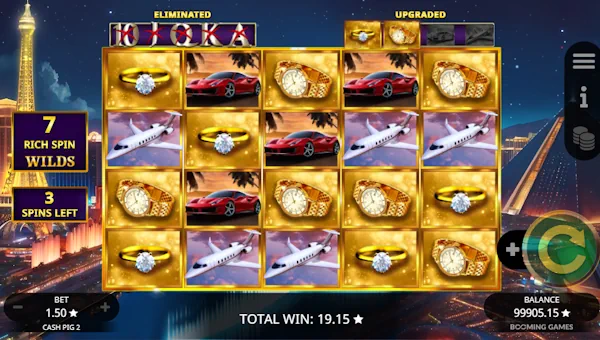 Screenshot of Cash Pig 2 slot demo showing reels and bonus game features