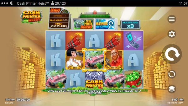 Cash Printer Heist base game screenshot showing reels and features