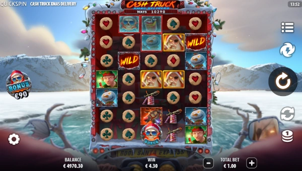 Cash Truck Xmas Delivery base game screenshot showing reels and features