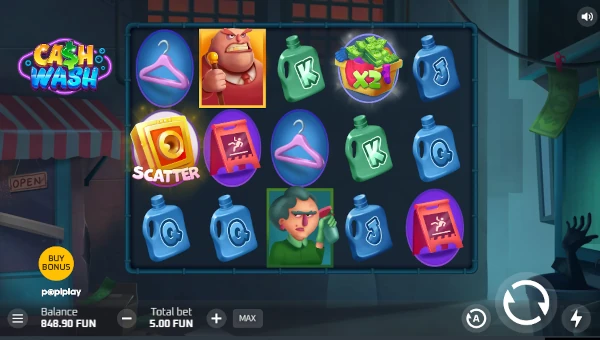Cash Wash base game screenshot showing reels and features