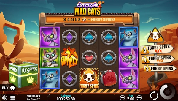 Cat Clans 2 Mad Cats base game screenshot showing reels and features