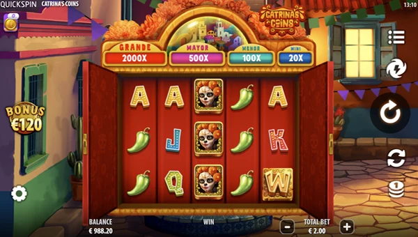 Catrinas Coins base game screenshot showing reels and features