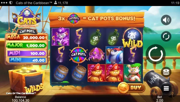Cats of the Caribbean base game screenshot showing reels and features