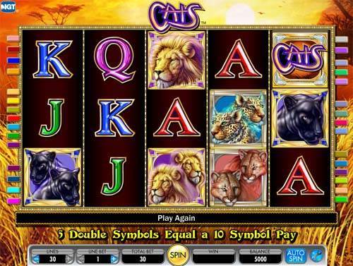 Cats base game screenshot showing reels and features