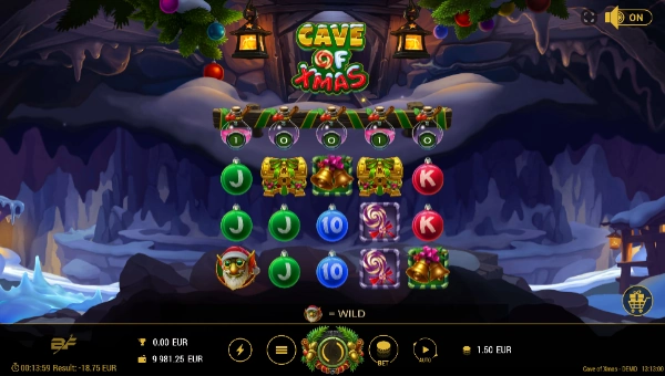 Cave of Xmas base game screenshot showing reels and features