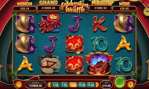 Celebration of Wealth base game screenshot showing reels and features