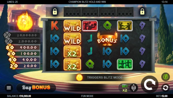 Champion Blitz base game screenshot showing reels and features