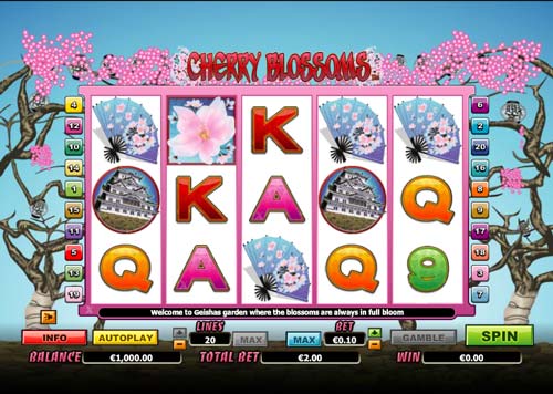 Cherry Blossoms base game screenshot showing reels and features