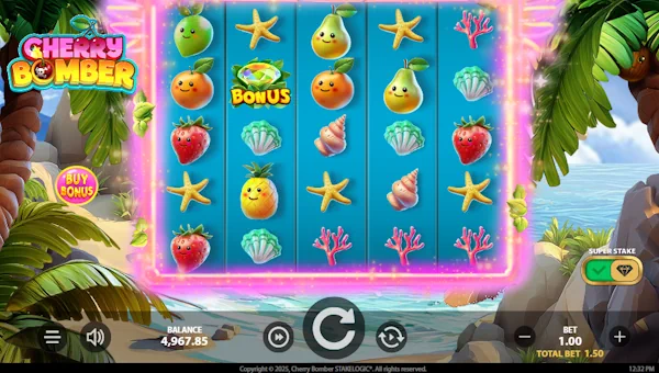 Cherry Bomber base game screenshot showing reels and features