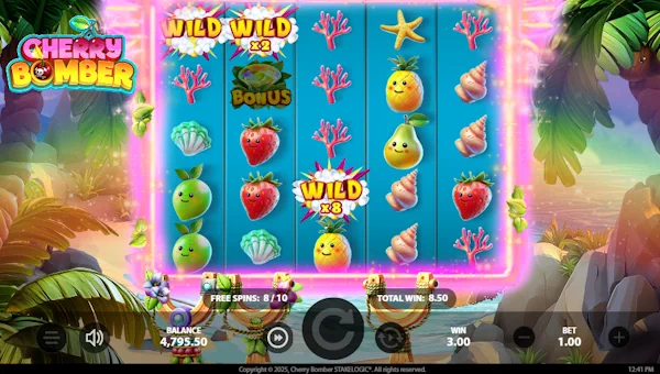 Screenshot of Cherry Bomber slot demo showing reels and bonus game features