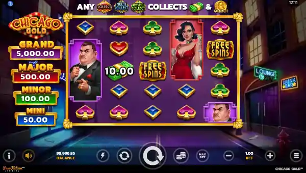 Chicago Gold base game screenshot showing reels and features