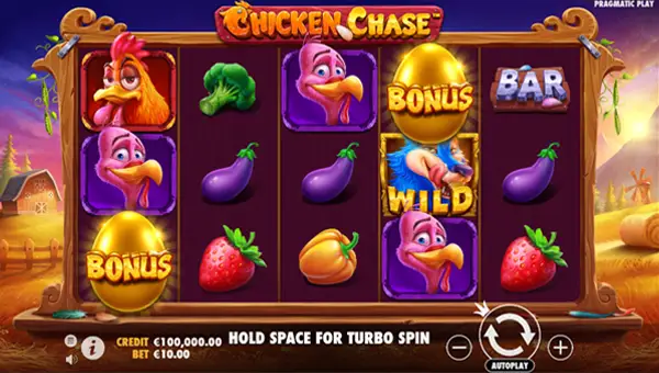 Chicken Chase base game screenshot showing reels and features