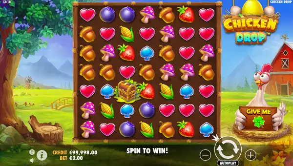 Chicken Drop base game screenshot showing reels and features
