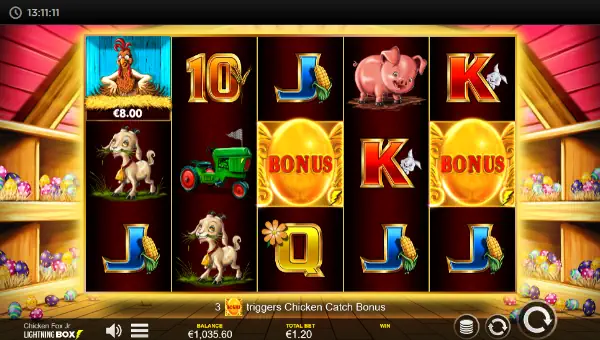 Chicken Fox Jr base game screenshot showing reels and features