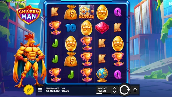 Chicken Man base game screenshot showing reels and features