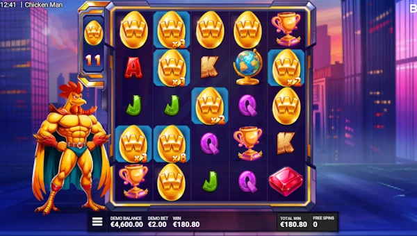 Screenshot of Chicken Man slot demo showing reels and bonus game features