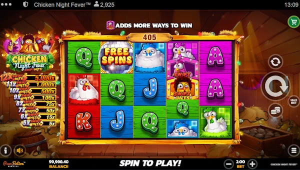 Chicken Night Fever base game screenshot showing reels and features