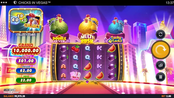 Chicks in Vegas base game screenshot showing reels and features