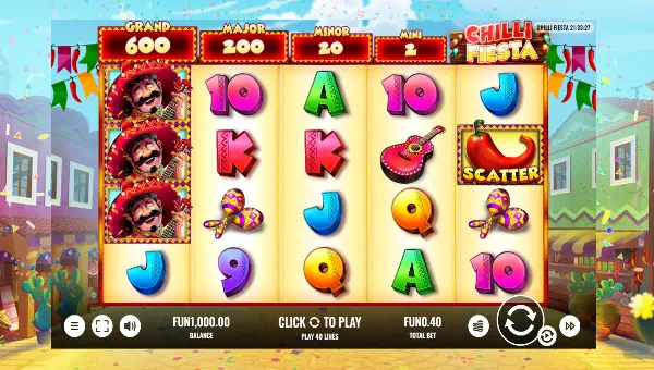 Chilli Fiesta base game screenshot showing reels and features