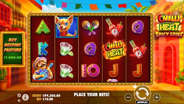 Chilli Heat Spicy Spins base game screenshot showing reels and features