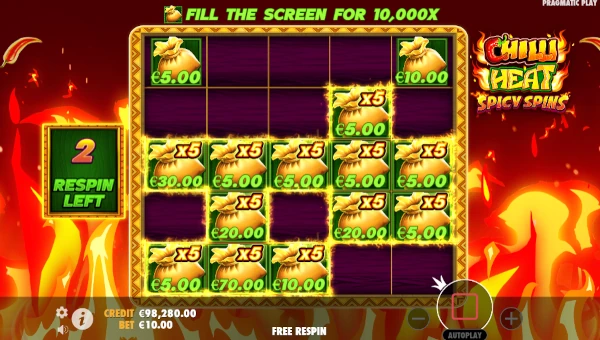 Screenshot of Chilli Heat Spicy Spins slot demo showing reels and bonus game features
