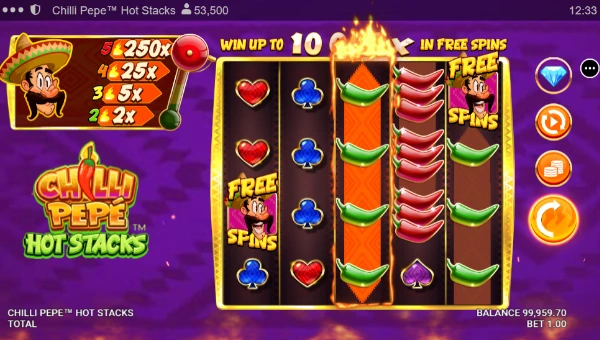Chilli Pepe Hot Stacks base game screenshot showing reels and features