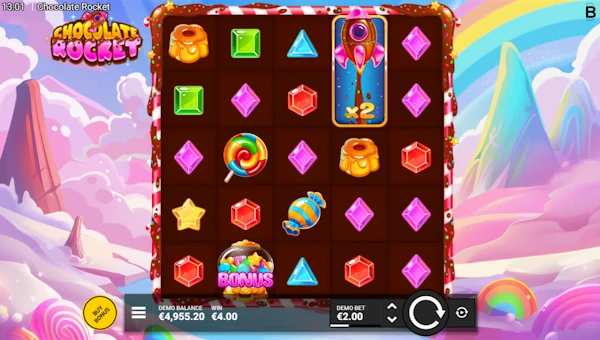 Chocolate Rocket base game screenshot showing reels and features