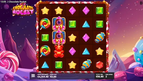 Screenshot of Chocolate Rocket slot demo showing reels and bonus game features