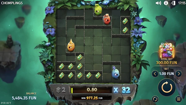 Screenshot of Chomplings slot demo showing reels and bonus game features