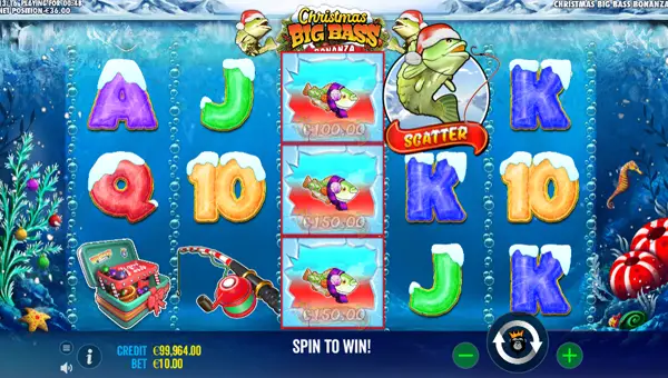 Christmas Big Bass Bonanza base game screenshot showing reels and features