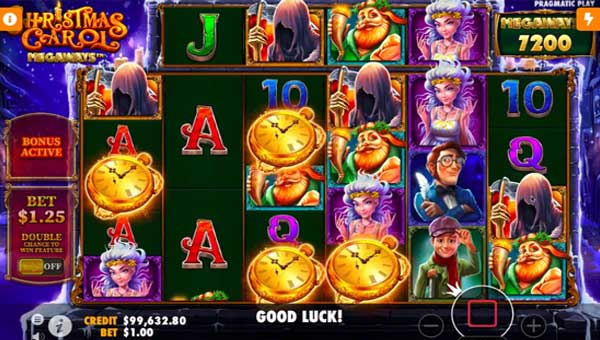 Christmas Carol Megaways base game screenshot showing reels and features