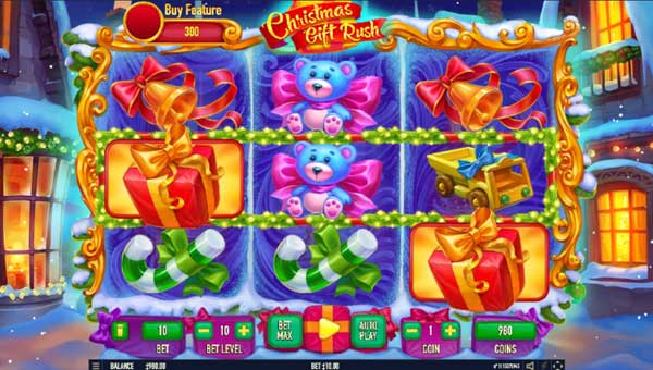 Christmas Gift Rush base game screenshot showing reels and features