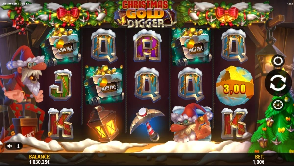 Christmas Gold Digger base game screenshot showing reels and features