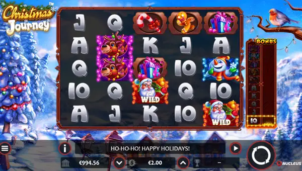 Christmas Journey base game screenshot showing reels and features